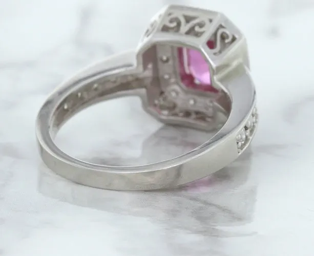 1.56ct Radiant Pink Sapphire Ring with Diamond Halo in 18K White Gold