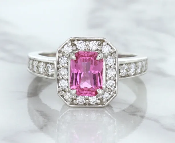 1.56ct Radiant Pink Sapphire Ring with Diamond Halo in 18K White Gold