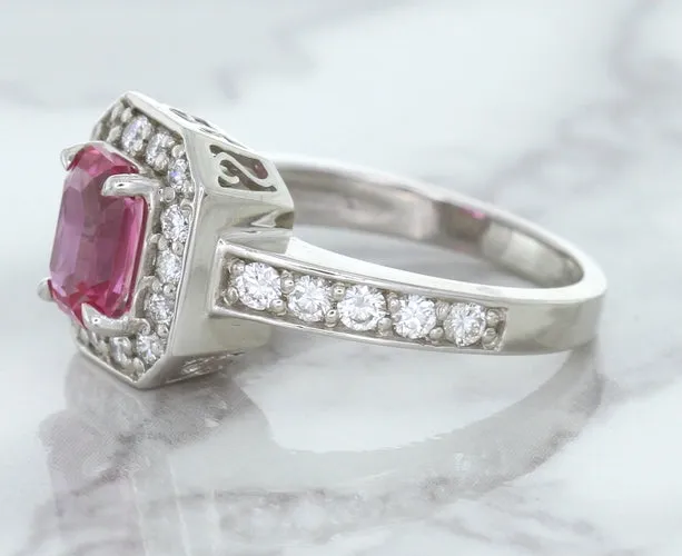1.56ct Radiant Pink Sapphire Ring with Diamond Halo in 18K White Gold