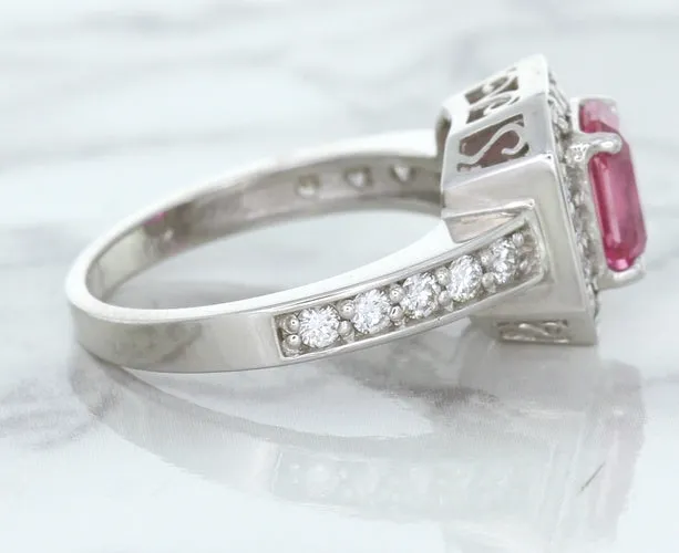1.56ct Radiant Pink Sapphire Ring with Diamond Halo in 18K White Gold