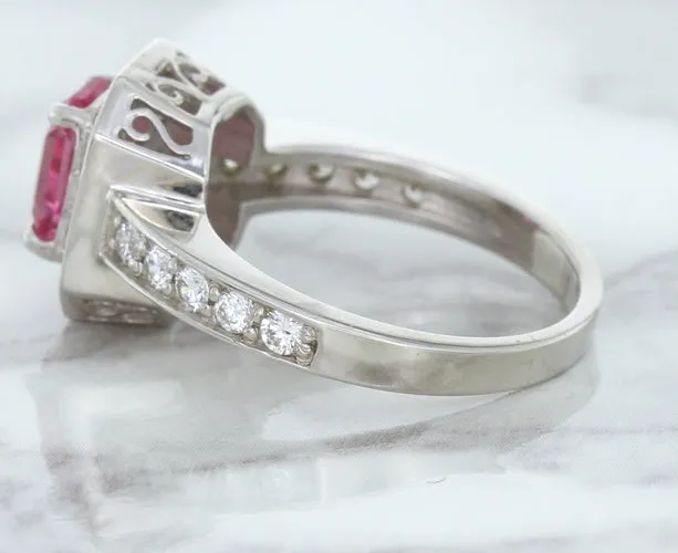 1.56ct Radiant Pink Sapphire Ring with Diamond Halo in 18K White Gold