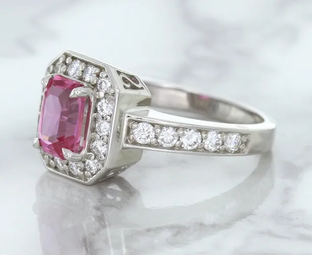 1.56ct Radiant Pink Sapphire Ring with Diamond Halo in 18K White Gold
