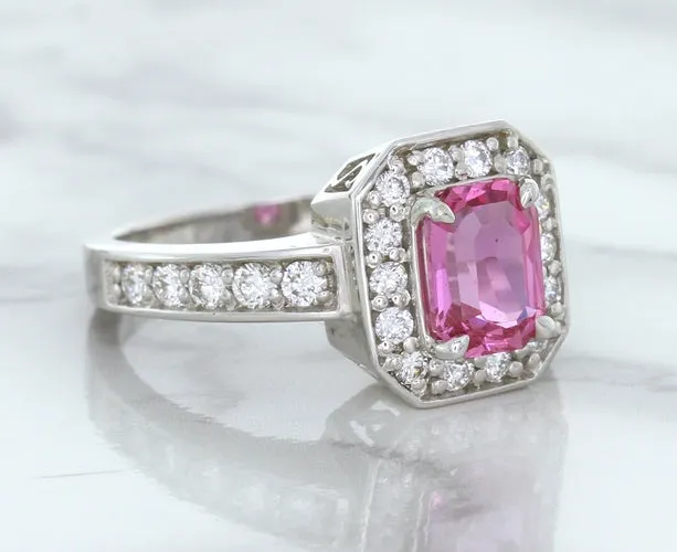 1.56ct Radiant Pink Sapphire Ring with Diamond Halo in 18K White Gold