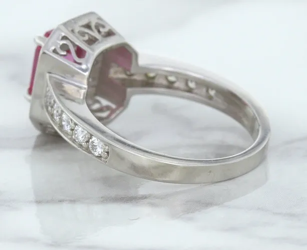 1.56ct Radiant Pink Sapphire Ring with Diamond Halo in 18K White Gold