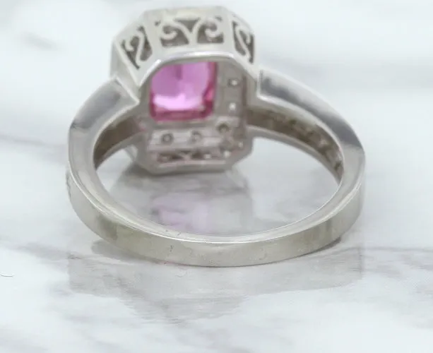 1.56ct Radiant Pink Sapphire Ring with Diamond Halo in 18K White Gold