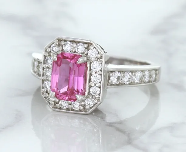 1.56ct Radiant Pink Sapphire Ring with Diamond Halo in 18K White Gold