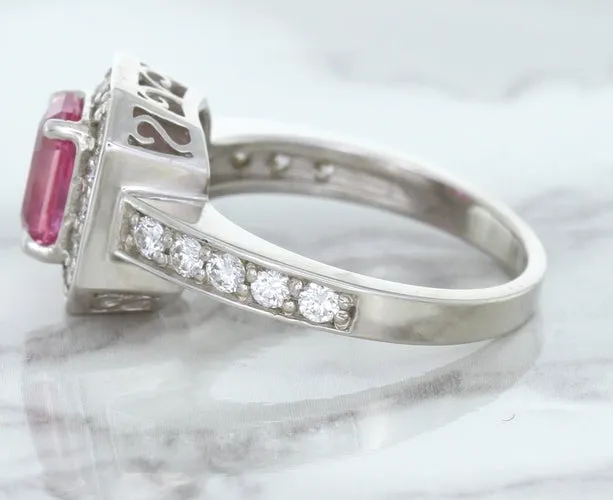1.56ct Radiant Pink Sapphire Ring with Diamond Halo in 18K White Gold