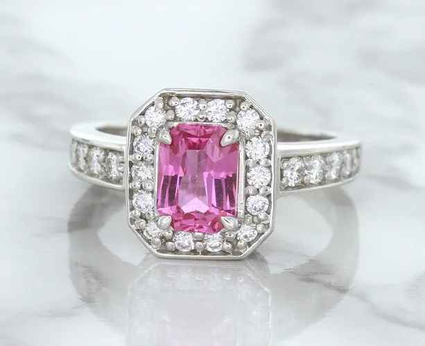 1.56ct Radiant Pink Sapphire Ring with Diamond Halo in 18K White Gold