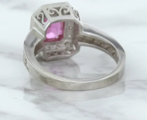 1.56ct Radiant Pink Sapphire Ring with Diamond Halo in 18K White Gold