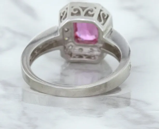 1.56ct Radiant Pink Sapphire Ring with Diamond Halo in 18K White Gold