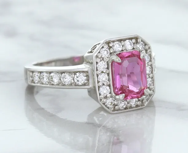 1.56ct Radiant Pink Sapphire Ring with Diamond Halo in 18K White Gold