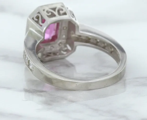 1.56ct Radiant Pink Sapphire Ring with Diamond Halo in 18K White Gold