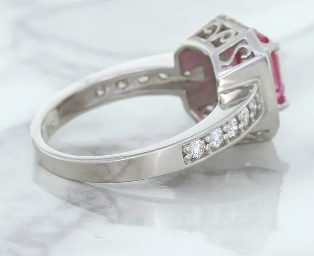 1.56ct Radiant Pink Sapphire Ring with Diamond Halo in 18K White Gold