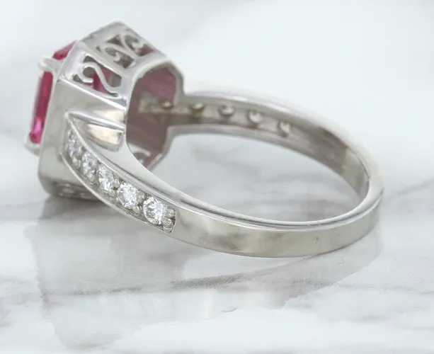 1.56ct Radiant Pink Sapphire Ring with Diamond Halo in 18K White Gold