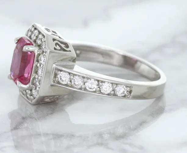 1.56ct Radiant Pink Sapphire Ring with Diamond Halo in 18K White Gold