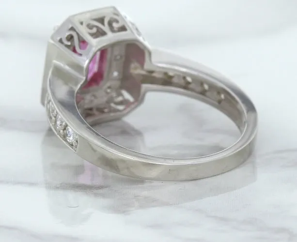 1.56ct Radiant Pink Sapphire Ring with Diamond Halo in 18K White Gold