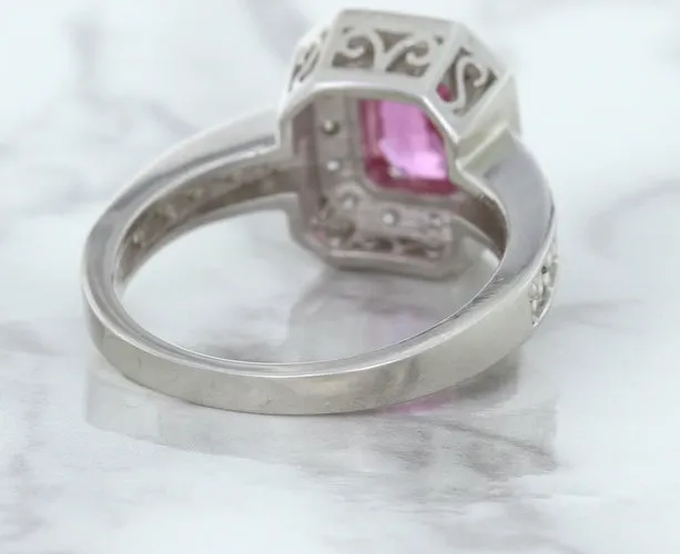 1.56ct Radiant Pink Sapphire Ring with Diamond Halo in 18K White Gold