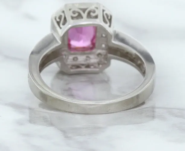 1.56ct Radiant Pink Sapphire Ring with Diamond Halo in 18K White Gold