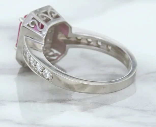 1.56ct Radiant Pink Sapphire Ring with Diamond Halo in 18K White Gold