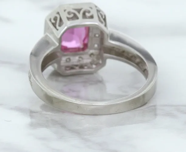 1.56ct Radiant Pink Sapphire Ring with Diamond Halo in 18K White Gold