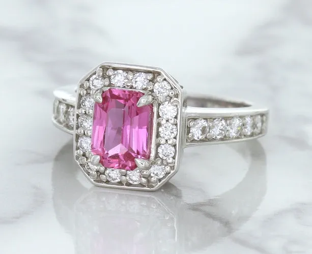 1.56ct Radiant Pink Sapphire Ring with Diamond Halo in 18K White Gold