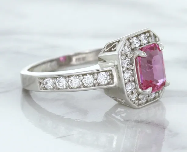 1.56ct Radiant Pink Sapphire Ring with Diamond Halo in 18K White Gold