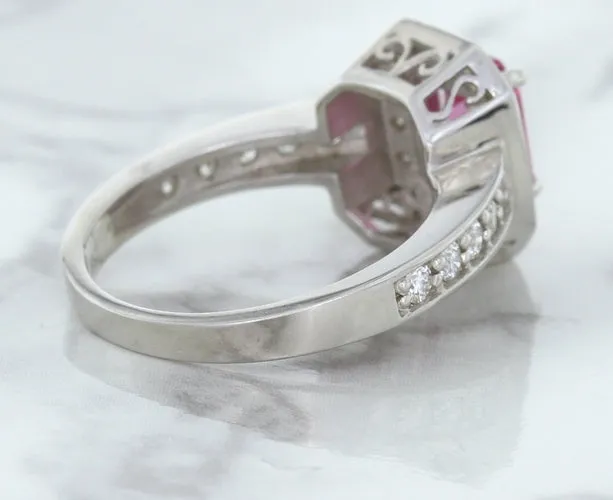 1.56ct Radiant Pink Sapphire Ring with Diamond Halo in 18K White Gold