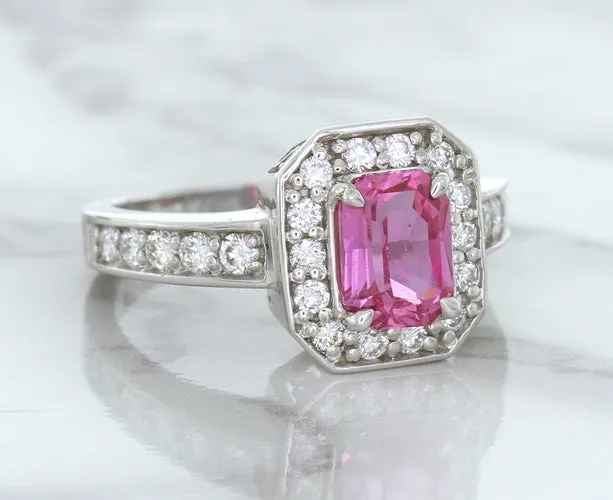 1.56ct Radiant Pink Sapphire Ring with Diamond Halo in 18K White Gold