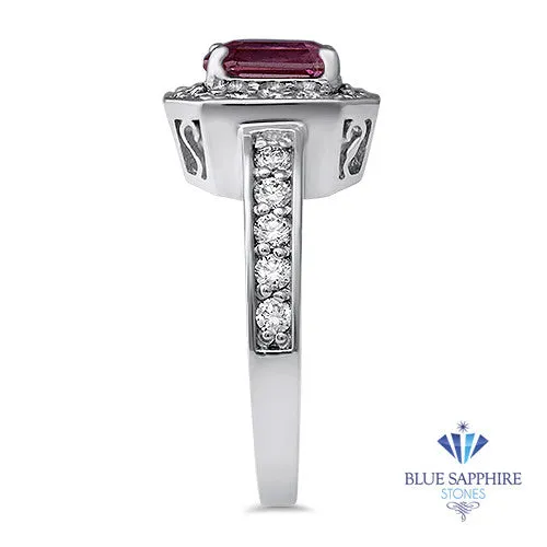 1.56ct Radiant Pink Sapphire Ring with Diamond Halo in 18K White Gold