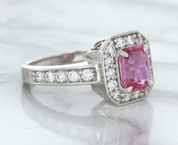 1.56ct Radiant Pink Sapphire Ring with Diamond Halo in 18K White Gold