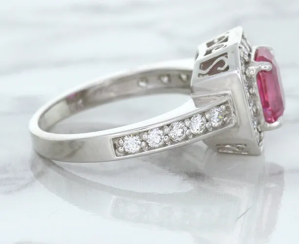 1.56ct Radiant Pink Sapphire Ring with Diamond Halo in 18K White Gold