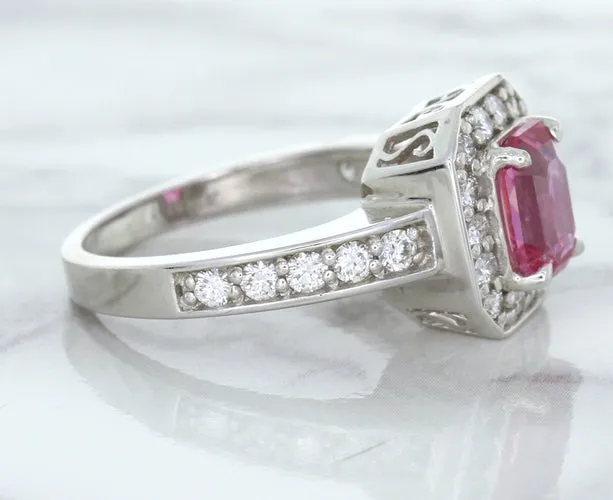1.56ct Radiant Pink Sapphire Ring with Diamond Halo in 18K White Gold