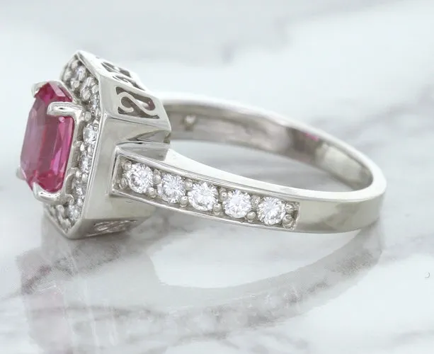 1.56ct Radiant Pink Sapphire Ring with Diamond Halo in 18K White Gold