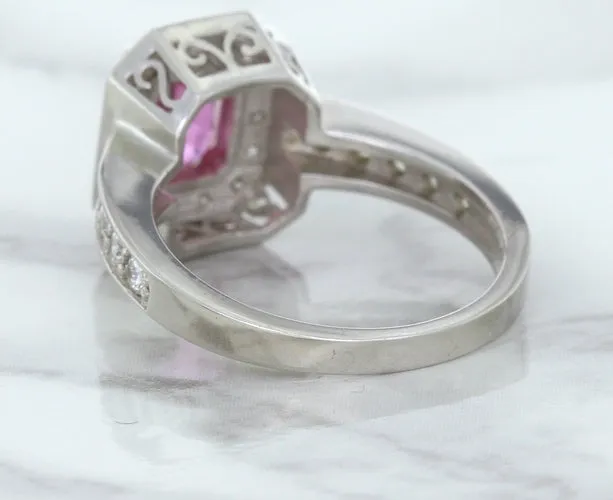 1.56ct Radiant Pink Sapphire Ring with Diamond Halo in 18K White Gold