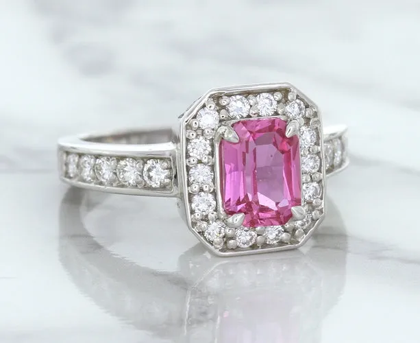 1.56ct Radiant Pink Sapphire Ring with Diamond Halo in 18K White Gold