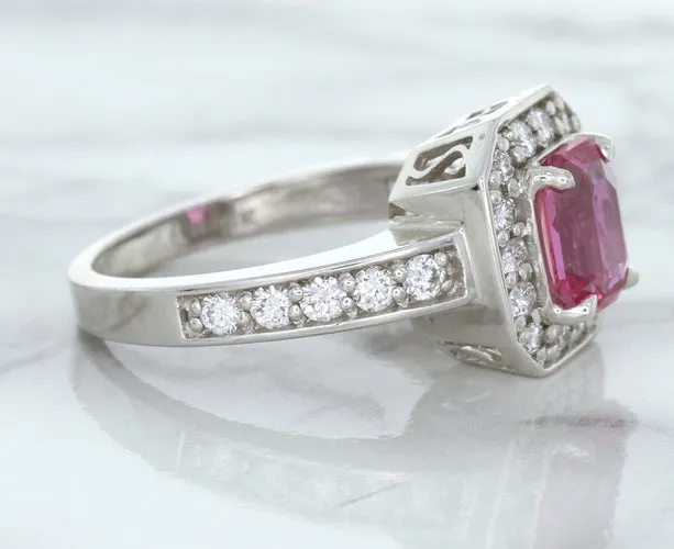 1.56ct Radiant Pink Sapphire Ring with Diamond Halo in 18K White Gold