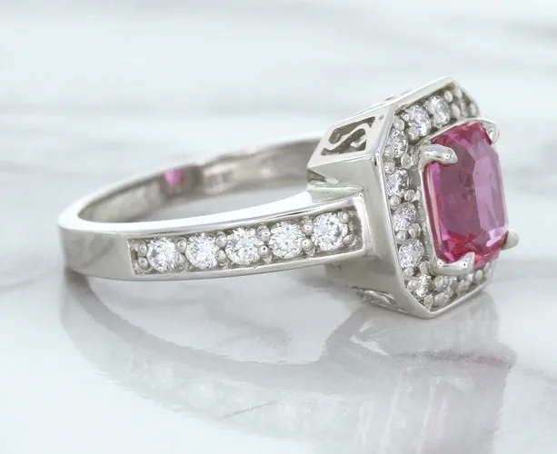 1.56ct Radiant Pink Sapphire Ring with Diamond Halo in 18K White Gold