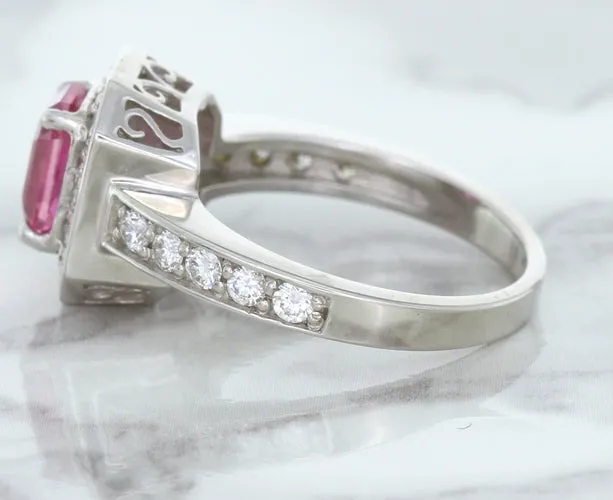 1.56ct Radiant Pink Sapphire Ring with Diamond Halo in 18K White Gold