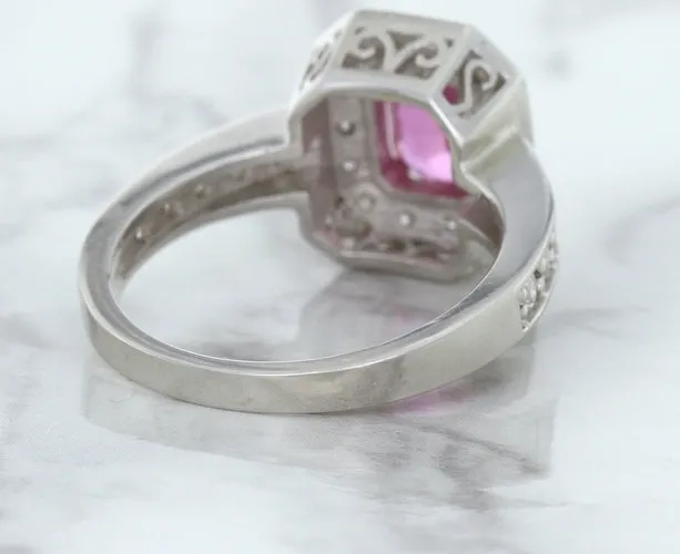 1.56ct Radiant Pink Sapphire Ring with Diamond Halo in 18K White Gold