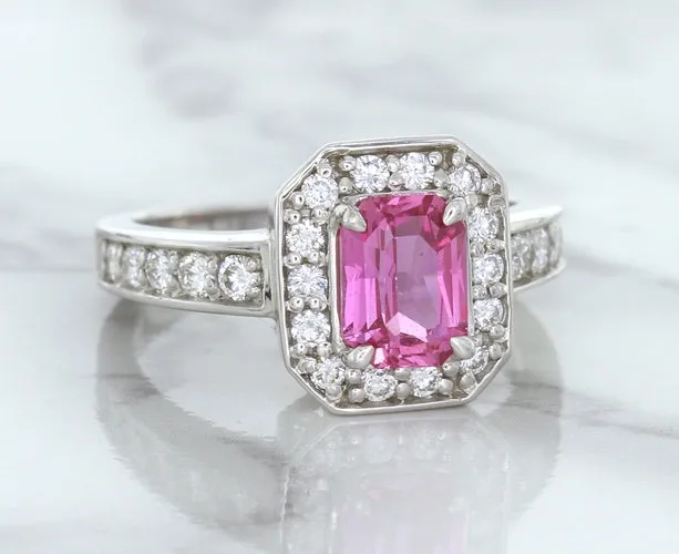 1.56ct Radiant Pink Sapphire Ring with Diamond Halo in 18K White Gold