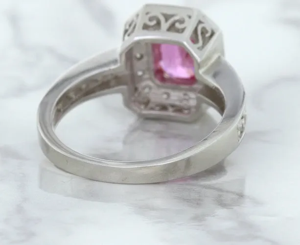 1.56ct Radiant Pink Sapphire Ring with Diamond Halo in 18K White Gold
