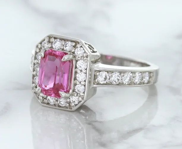 1.56ct Radiant Pink Sapphire Ring with Diamond Halo in 18K White Gold