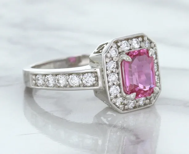 1.56ct Radiant Pink Sapphire Ring with Diamond Halo in 18K White Gold