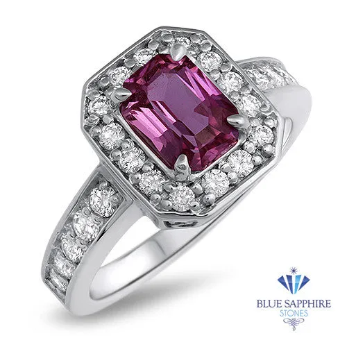 1.56ct Radiant Pink Sapphire Ring with Diamond Halo in 18K White Gold