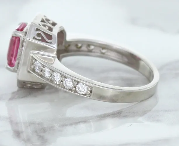 1.56ct Radiant Pink Sapphire Ring with Diamond Halo in 18K White Gold