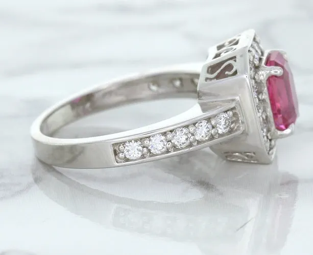 1.56ct Radiant Pink Sapphire Ring with Diamond Halo in 18K White Gold