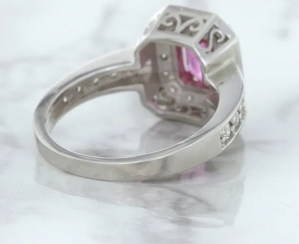 1.56ct Radiant Pink Sapphire Ring with Diamond Halo in 18K White Gold