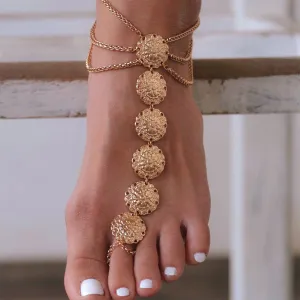 18K Gold-Plated Floral Round Plate Ankle-To-Ring Anklet