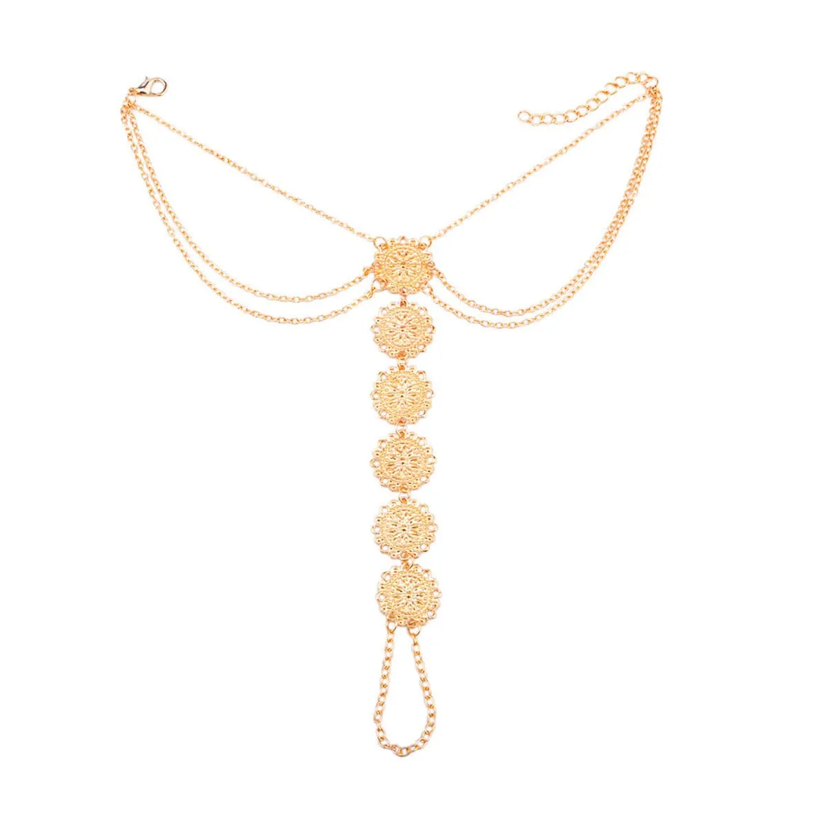 18K Gold-Plated Floral Round Plate Ankle-To-Ring Anklet