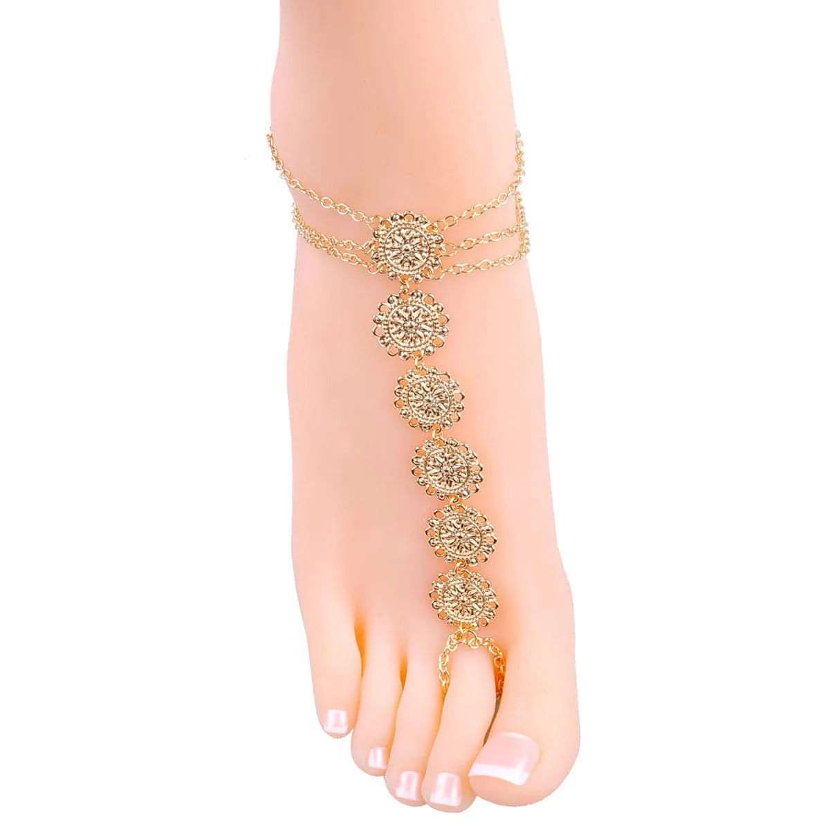 18K Gold-Plated Floral Round Plate Ankle-To-Ring Anklet